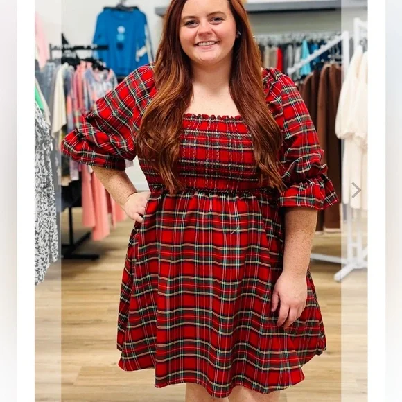 SIMPLY SOUTHERN TARTAN red PLAID smocked nap dress size large - Picture 1 of 8